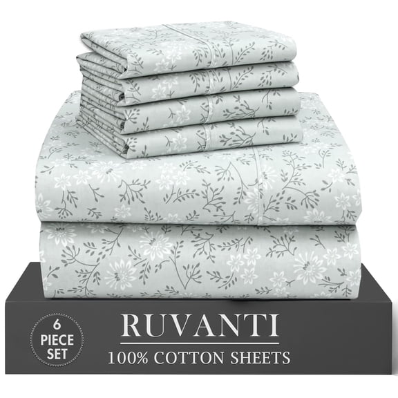 RUVANTI 100% Cotton Percale Sheets Queen Size 6 Piece Set, Cooling Bed Sheets for Hot Sleepers, Deep Pocket 16”, Breathable Lightweight & Durable, Crisp Hotel Style Sheets, Everbloom Studio