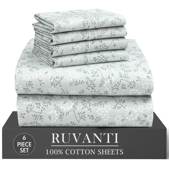 RUVANTI 100% Cotton Percale Sheets Queen Size 6 Piece Set, Cooling Bed Sheets for Hot Sleepers, Deep Pocket 16”, Breathable Lightweight & Durable, Crisp Hotel Style Sheets, Everbloom Studio