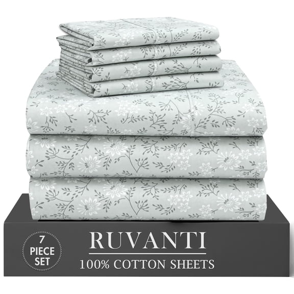 RUVANTI 7 Pcs Cotton Sheets - 100% Natural Cotton Soft, Lightweight & Breathable Crispy Percale Bed Sheets, Split King Sheets for Adjustable Bed 16" Deep Pockets, Everbloom