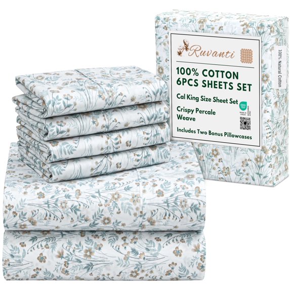 RUVANTI 6 Pcs Cotton Sheets - 100% Natural Cotton Soft, Lightweight & Breathable Crispy Percale Bed Sheets, California King Sheet Sets 16" Deep Pockets, Fleur & Field