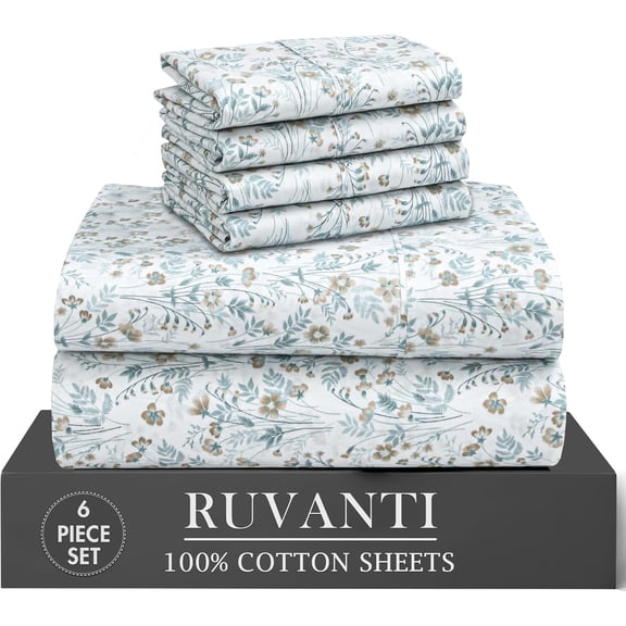 RUVANTI 6 Pcs Cotton Sheets - 100% Natural Cotton Soft, Lightweight & Breathable Crispy Percale Bed Sheets, Queen Sheet Set 16" Deep Pockets, Fleur & Field