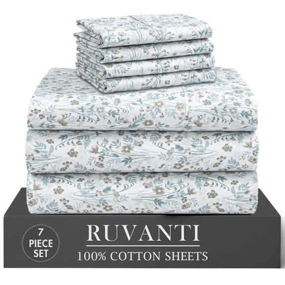RUVANTI 7 Pcs Cotton Sheets - 100% Natural Cotton Soft, Lightweight & Breathable Crispy Percale Bed Sheets, Split King Sheets for Adjustable Bed 16" Deep Pockets, Fleur & Field