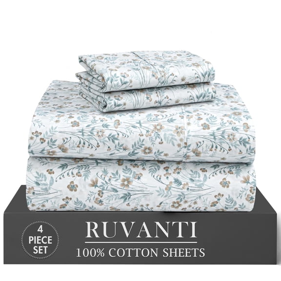 RUVANTI 100% Cotton Percale Sheets Twin Size 4 Piece Set, Cooling Bed Sheets for Hot Sleepers, Deep Pocket 16”, Breathable Lightweight & Durable, Crisp Hotel Style Sheets, Fleur & Field