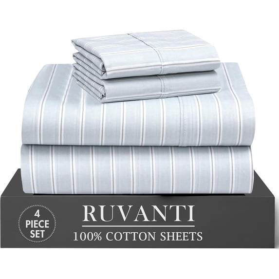 RUVANTI 4 Pcs Cotton Sheets - 100% Natural Cotton Soft, Lightweight & Breathable Crispy Percale Bed Sheets, Twin XL Sheet Sets 16" Deep Pockets, Horizon Stripes