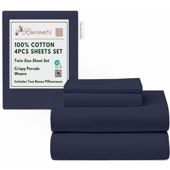 RUVANTI 4 Pcs Cotton Sheets - 100% Natural Cotton Soft, Lightweight & Breathable Crispy Percale Bed Sheets, Twin XL Sheet Sets 16" Deep Pockets, Maritime Blue