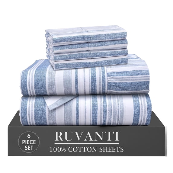 RUVANTI 6 Pcs Cotton Sheets - 100% Natural Cotton Soft, LightWeight & Breathable Crispy Percale Bed Sheets, California King Sheet Sets 16" Deep Pockets, Naval Blue