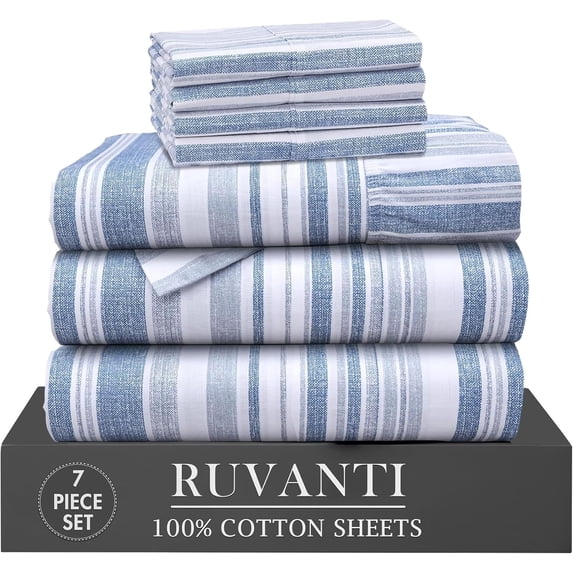 RUVANTI 7 Pcs Cotton Sheets - 100% Natural Cotton Soft, Lightweight & Breathable Crispy Percale Bed Sheets, Split King Sheets for Adjustable Bed 16" Deep Pockets, Naval Blue