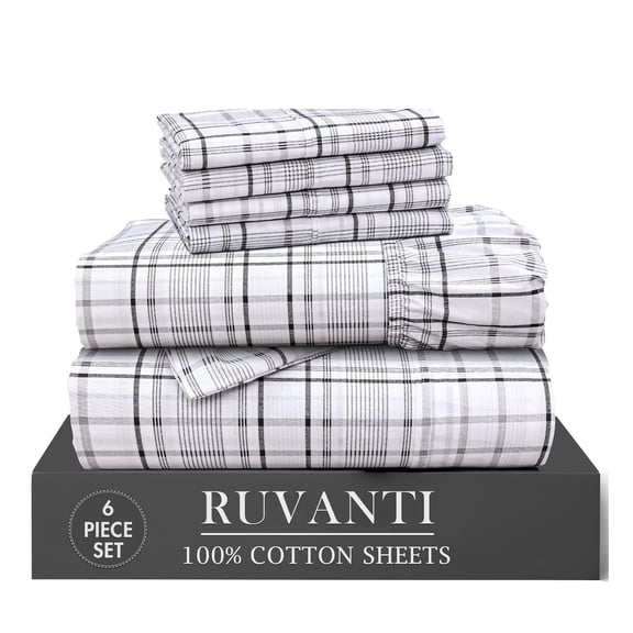RUVANTI 100% Cotton Percale Sheets King Size 6 Piece Set, Cooling Bed Sheets for Hot Sleepers, Deep Pocket 16”, Breathable Lightweight & Durable, Crisp Hotel Style Sheets, Open Check