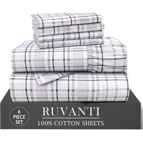 Ruvanti 6 Pcs Cotton Sheets - 100% Natural Cotton Soft, Lightweight & Breathable Crispy Percale King Size Bed Sheets Set, 16" Deep Pockets, Open Check