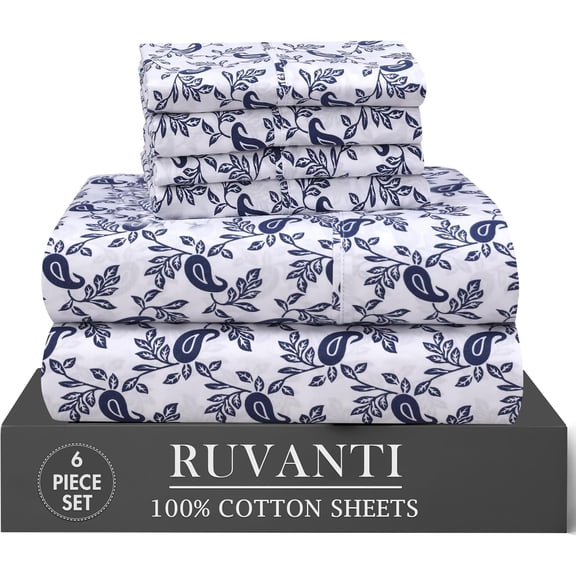 RUVANTI 6 Pcs Cotton Sheets - 100% Natural Cotton Soft, Lightweight & Breathable Crispy Percale Bed Sheets, Queen Sheet Set 16" Deep Pockets, Paisley Ornament