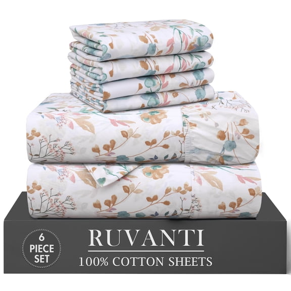 RUVANTI 100% Cotton Percale Sheets Full Size 6 Piece Set, Cooling Bed Sheets for Hot Sleepers, Deep Pocket 16”, Breathable Lightweight & Durable, Crisp Hotel Style Sheets, Radiant
