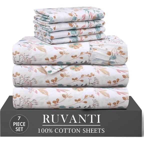 RUVANTI 100% Cotton Percale Sheets Split King Size 7 Piece Set, Cooling Bed Sheets for Hot Sleepers, Deep Pocket 16”, Breathable Lightweight & Durable, Crisp Hotel Style Sheets, Radiant