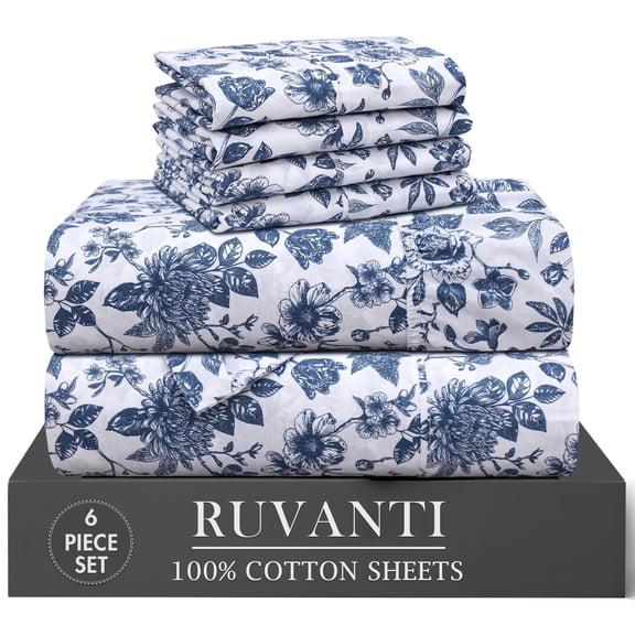 RUVANTI 100% Cotton Percale Sheets Queen Size 6 Piece Set, Cooling Bed Sheets for Hot Sleepers, Deep Pocket 16”, Breathable Lightweight & Durable, Crisp Hotel Style Sheets, Wild Flower