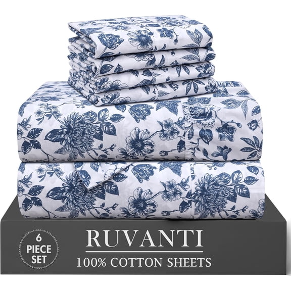 RUVANTI 6 Pcs Cotton Sheets - 100% Natural Cotton Soft, Lightweight & Breathable Crispy Percale Bed Sheets, Queen Sheet Set 16" Deep Pockets, Wild Flower
