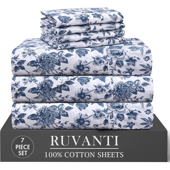 RUVANTI 100% Cotton Percale Sheets Split King Size 7 Piece Set, Cooling Bed Sheets for Hot Sleepers, Deep Pocket 16”, Breathable Lightweight & Durable, Crisp Hotel Style Sheets, Wild Flower