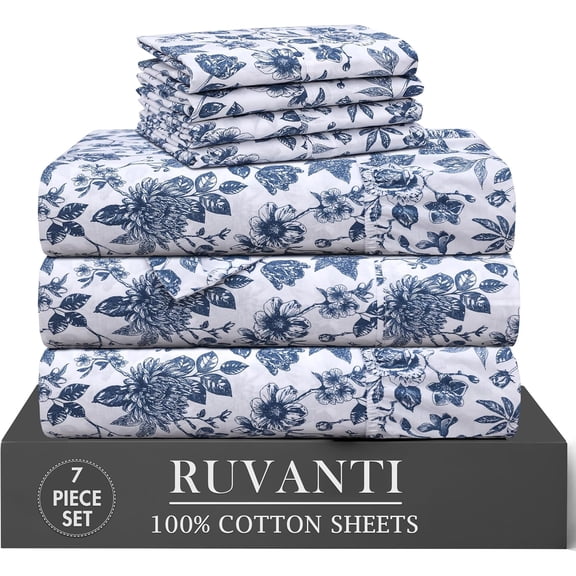 RUVANTI 7 Pcs Cotton Sheets - 100% Natural Cotton Soft, Lightweight & Breathable Crispy Percale Bed Sheets, Split King Sheets for Adjustable Bed 16" Deep Pockets, Wild Flower