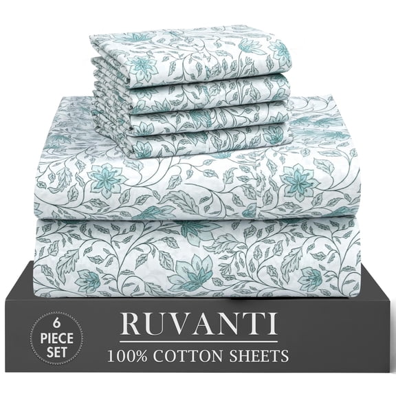 RUVANTI 100% Cotton Percale Sheets Queen Size 6 Piece Set, Cooling Bed Sheets for Hot Sleepers, Deep Pocket 16”, Breathable Lightweight & Durable, Crisp Hotel Style Sheets, Wildflower Nest