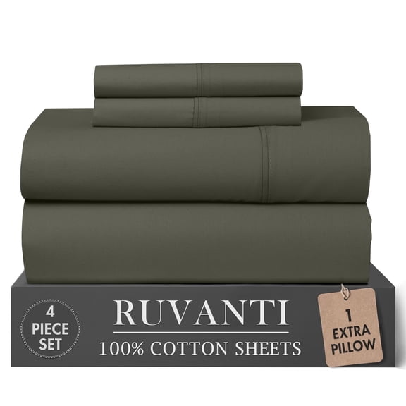 RUVANTI 100% Cotton Percale Sheets Twin Size 4 Piece Set, Cooling Bed Sheets for Hot Sleepers, Deep Pocket 16”, Breathable Lightweight & Durable, Crisp Hotel Style Sheets, Winter Moss