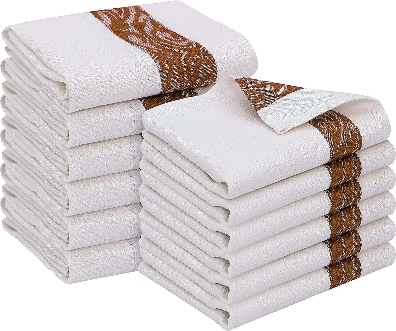 Set of 12 White and Brown Cotton Terry Kitchen Towels