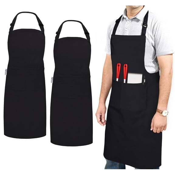RUVANTI Work Aprons for Men/Women with Pockets - Adjustable up to XXL - Professional Grade Durability - Black Apron for Barber, Chef, BBQ, Kitchen, Cleaning - 2 Pack