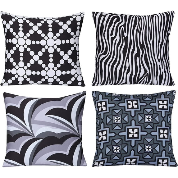 Ruvanti 4 Pack 100% Cotton Fabric Throw Pillows, 18x18 Soft, Cozy Square Decorative Pillows for Sofa, Couch Pillows, Bed, Ly Cushion Covers Including Insert; Black and Greyiving Room Luxur