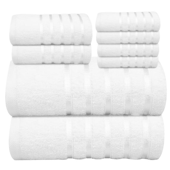 Ruvanti Premium White Bath Towel Set, 8 Pack 100% Cotton, Which Include 2 Bath 27x54, 2 Hand 16x28, 4 Face 13x13. Extra Soft, Quick Dry, Lightweight, Luxury Towels for Bathroom & Hotel.
