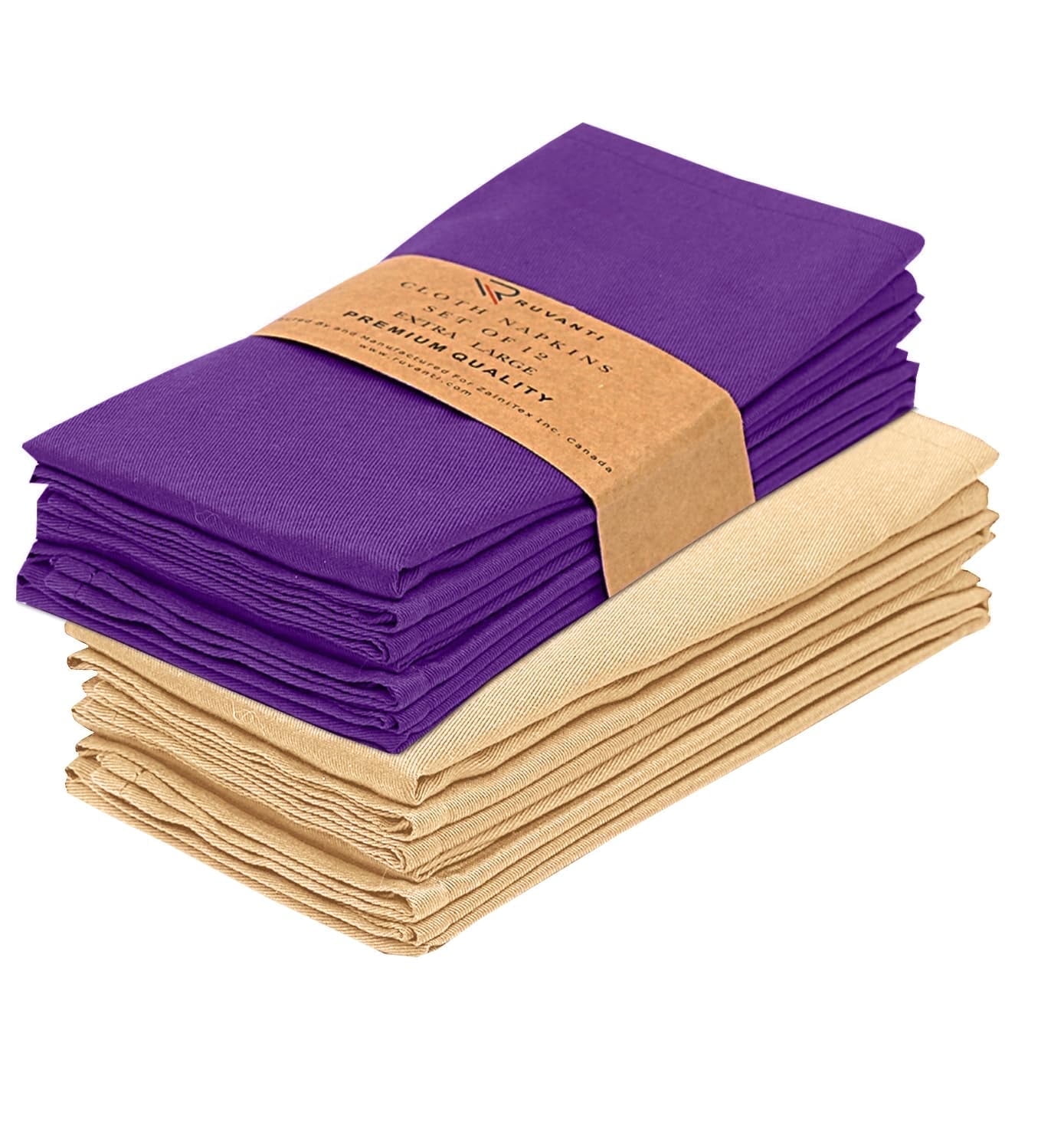Ivory Gold & Purple Cotton Square Dinner Napkins, 18x18, 12-Pack