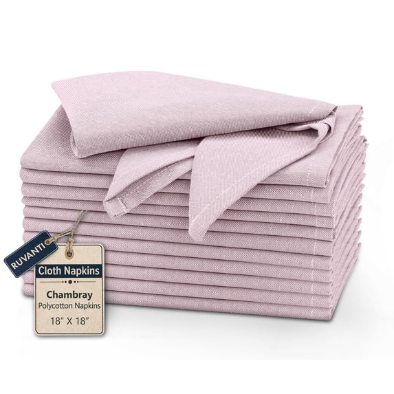 Ruvanti Cloth Napkins Set of 12, 18x18 Reusable Napkins Cloth Washable, Soft & Durable Dinning Table Napkins, Polycotton Chambray Dinner Napkins for Parties, Christmas, Thanksgiving, Weddings - Pink