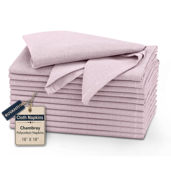 Ruvanti Cloth Napkins Set of 12, 18x18 Reusable Napkins Cloth Washable, Soft & Durable Dinning Table Napkins, Polycotton Chambray Dinner Napkins for Parties, Christmas, Thanksgiving, Weddings - Pink
