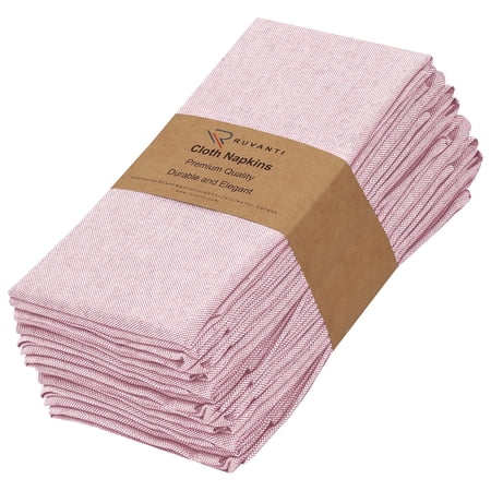 Ruvanti Cloth Napkins Set of 12, 18x18 Reusable Napkins Cloth Washable, Soft & Durable Dinning Table Napkins, Polycotton Chambray Dinner Napkins for Parties, Christmas, Thanksgiving, Weddings - Pink