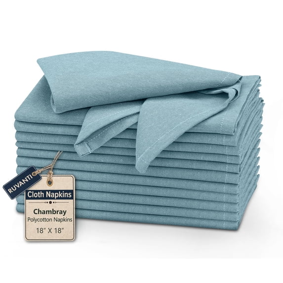 Ruvanti Cloth Napkins Set of 12, 18x18 Reusable Napkins Cloth Washable, Soft & Durable Table Napkins, Polycotton Chambray Dinner Napkins for Parties, Christmas, Thanksgiving, Weddings - Baby Blue