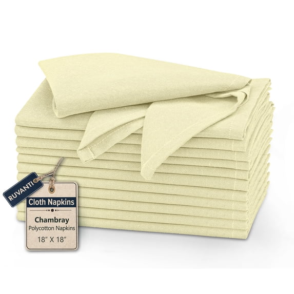 Ruvanti Cloth Napkins Set of 12, 18x18 Reusable Napkins Cloth Washable, Soft & Durable Table Napkins, Polycotton Chambray Dinner Napkins for Parties, Christmas, Thanksgiving, Weddings - Cream