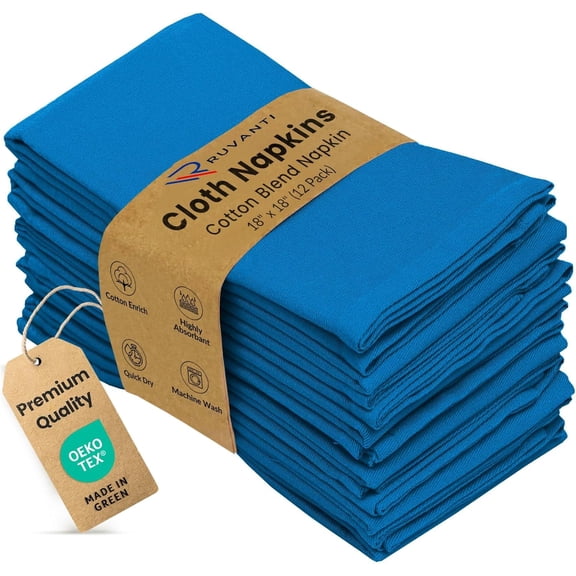 Ruvanti Cloth Napkins Set of 12, 18x18 inches Napkins Cloth Washable, Soft, Durable, Absorbent, Cotton Blend. Table Dinner Napkins Cloth for Hotel, Lunch, Restaurant, Wedding Event, Parties - Blue