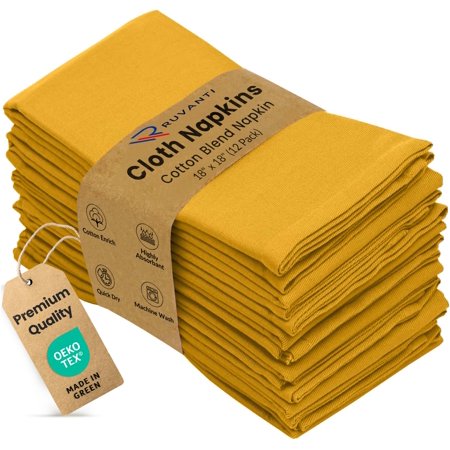 Ruvanti Cloth Napkins Set of 12, 18x18 inches Napkins Cloth Washable, Soft, Durable, Absorbent, Cotton Blend. Table Dinner Napkins Cloth for Hotel, Lunch, Restaurant, Wedding Event, Parties - Mustard