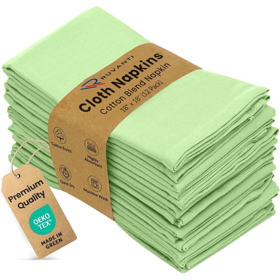 Ruvanti Cloth Napkins Set of 12, 18x18 inches Napkins Cloth Washable, Soft, Durable, Absorbent, Cotton Blend. Table Dinner Napkins Cloth for Hotel, Lunch, Restaurant, Wedding Parties - Light Green