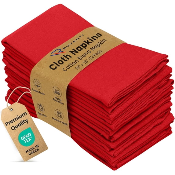 Ruvanti Cloth Napkins Set of 12, 18x18 inches Napkins Cloth Washable, Soft, Durable, Absorbent, Cotton Blend. Table Dinner Napkins Cloth for Hotel, Weddings, Dinner, Christmas Parties - Red