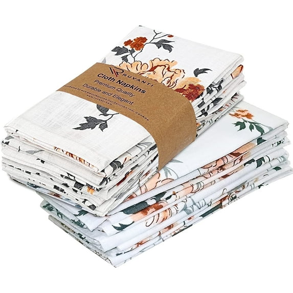 Ruvanti Cloth Napkins Set of 12 Cotton 100%, 20x20 inches Napkins Cloth Washable, Soft, Absorbent. Cotton Napkins for Parties, Christmas, Thanksgiving, Weddings, Dinner Napkins Cloth - Grey Floral