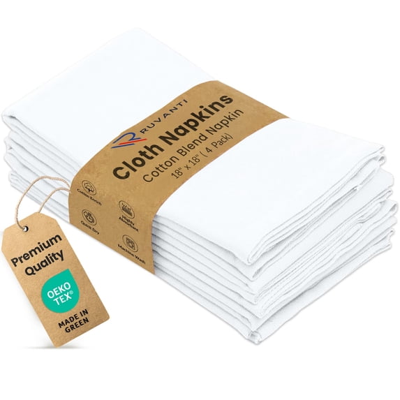 Ruvanti Cloth Napkins Set of 4, 18x18 Inches Napkins Cloth Washable, Soft, Durable, Absorbent, Cotton Blend. Table Dinner Napkins Cloth for Hotel, Lunch, Restaurant, Wedding Parties - White