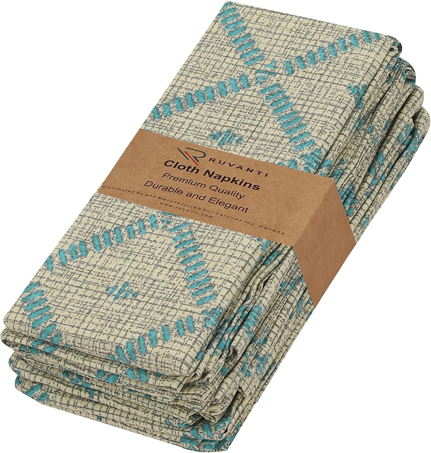 Linear Patterned Beige and Blue Cotton Cloth Napkins Set of 6