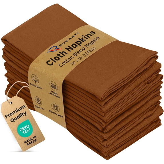 Ruvanti Cloth Napkins set of 12, 18x18 Inches Napkins Cloth Washable, Soft, Durable, Absorbent, Cotton Blend. Table Dinner Napkins Cloth for Hotel, Weddings, Parties - Caramel Cafe