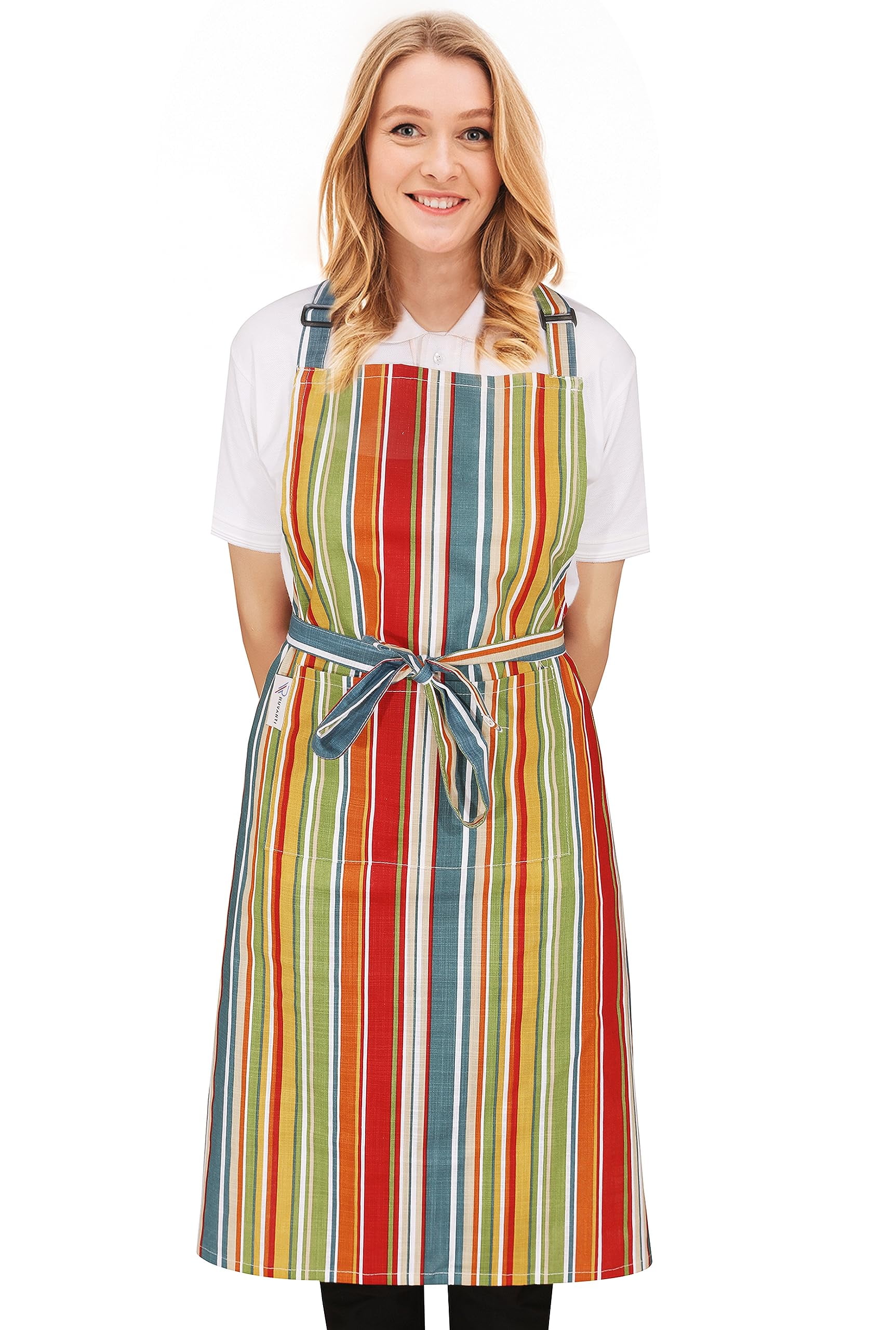 Ruvanti Cute 100 Cotton Aprons for Women with Pockets Adjustable up to XXL Cooking Baking Kitchen Server Chef Apron Multi Stripe Machine