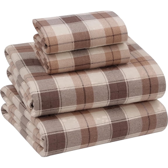 RUVANTI Flannel Sheets Full Size - 100% Cotton Double Brushed Bed Sheets Set, Deep Pockets 16 Inches, All Seasons Breathable & Extra Soft Full Sheets, Warm & Cozy, 4 Piece, Beige & Grey Plaid