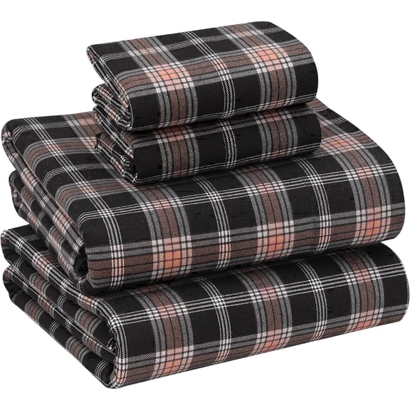 Ruvanti Flannel Sheets Full Size - 100% Cotton Brushed Bed Sheet Sets - Deep Pockets 16 inches - All Seasons Breathable & Super Soft - Warm & Cozy - 4 Pcs - Peach & Black Plaid