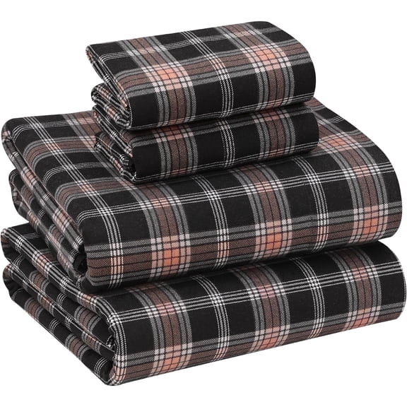 Ruvanti Flannel Sheets Full Size - 100% Cotton Brushed Bed Sheet Sets - Deep Pockets 16 inches (Fits up to 18") - All Seasons Breathable & Super Soft - Warm & Cozy - 4 Pcs - Peach & Black Plaid