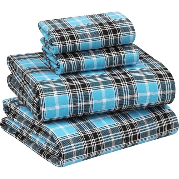 Ruvanti Flannel Sheets Full Size - 100% Cotton Brushed Flannel Bed Sheet Sets - Deep Pockets 16 inches (Fits up to 18") - All Seasons Breathable & Super Soft - Warm & Cozy - 4 Pcs - Teal Plaid
