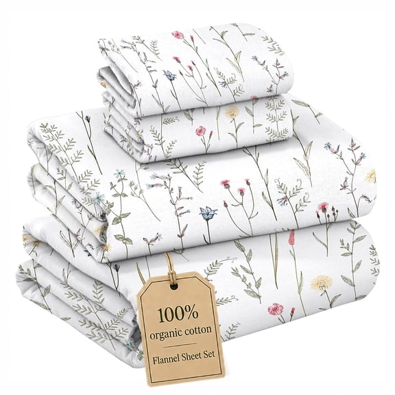 Ruvanti Flannel Sheets Full Size - GOTS Certified 100% Organic Cotton, 4 Piece Warm, Soft & Breathable Set, Deep Pocket Snug Fit, Double Brushed Cozy All Season Bedding, Linen Blooms