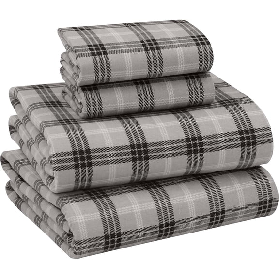 RUVANTI Flannel Sheets King Size - 100% Cotton Brushed King Size Sheets Set - Deep Pockets 16 Inches Bed Sheets - All Seasons Breathable & Extra Soft - Warm & Cozy, 4 Piece, Dark Grey Plaid