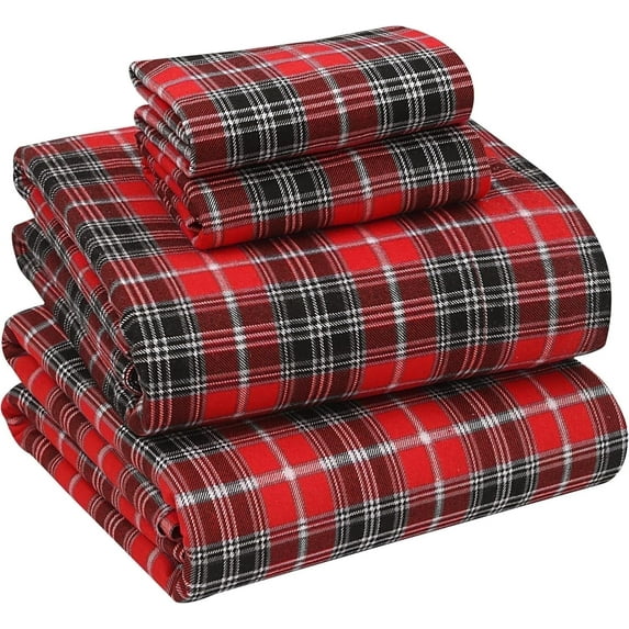 Ruvanti Flannel Sheets King Size - 100% Cotton Brushed Flannel Bed Sheet Sets - Deep Pockets 16 inches (Fits up to 18") - All Seasons Breathable & Super Soft - Warm & Cozy - 4 Pcs - Red Plaid