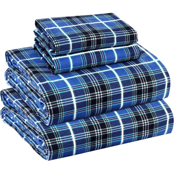 RUVANTI Flannel Sheets Queen Size - 100% Cotton Double Brushed Bed Sheets, Deep Pockets 16 Inches Queen Sheet Set, All Seasons Breathable & Extra Soft - Warm & Cozy, 4 Piece, Blue Plaid