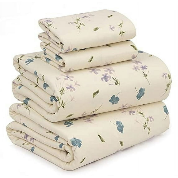 RUVANTI Flannel Sheets Queen Size - 100% Cotton Double Brushed Bed Sheets, Deep Pockets 16 Inches Queen Sheet Set, All Seasons Breathable & Extra Soft - Warm & Cozy, 4 Piece, Jasmine Stamp Cream